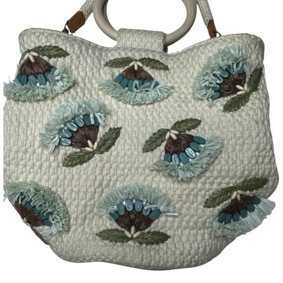 Lucky Brand Raffia Flower Crossbody Bag Natural Wood Handles Boho - Picture 10 of 16